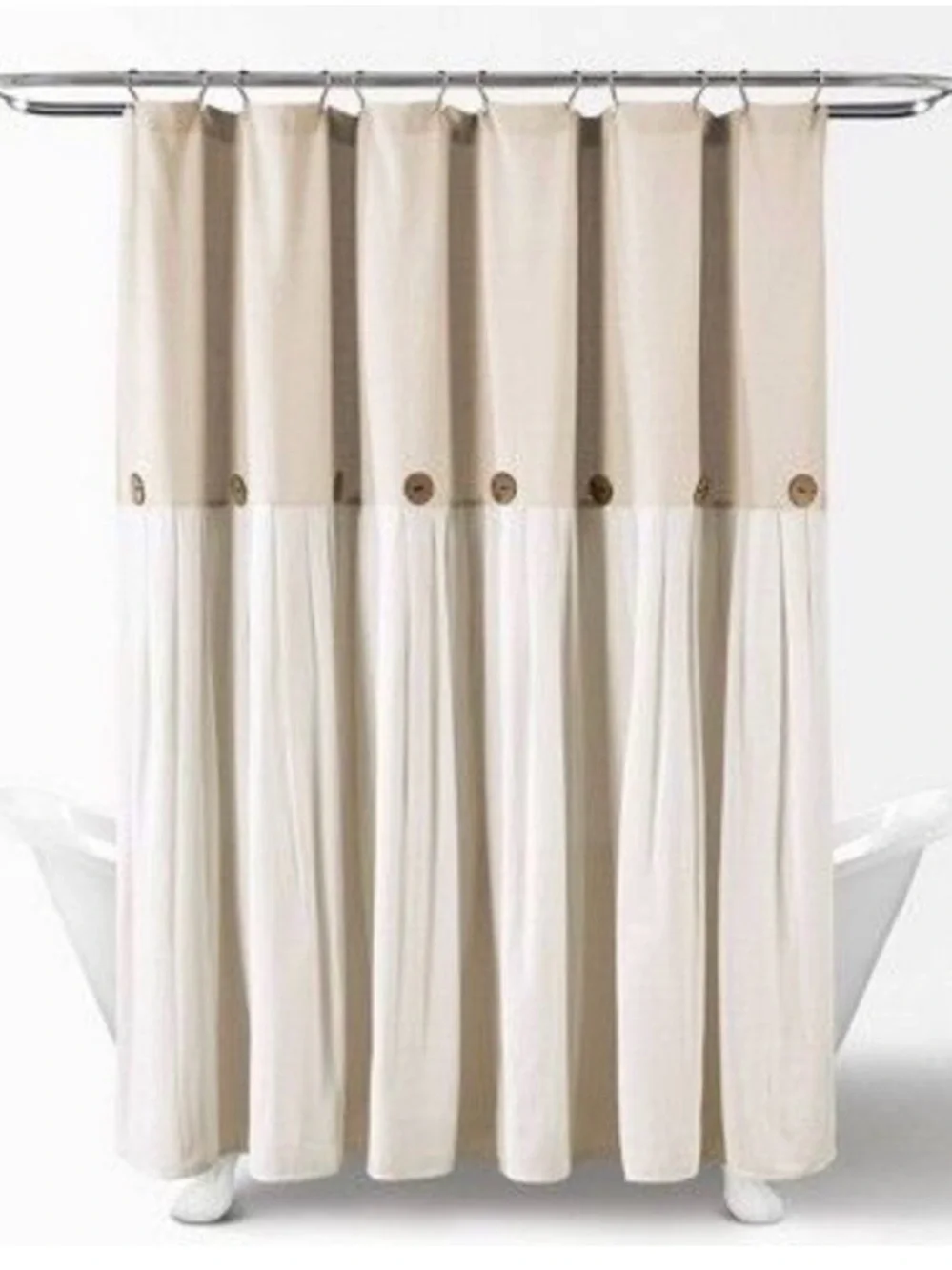 LUSH Decor Cotton Blend Linen Cream Two-Tone Shower Curtain Button Accent NWT